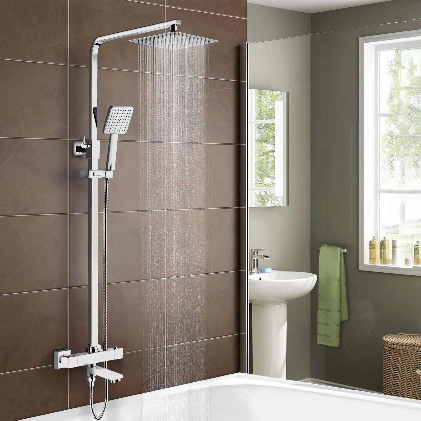 Aquari Edor 3-Way Chrome Thermostatic Shower Set – Twin Square Head, Bath Filler Compatible, Adjustable Riser