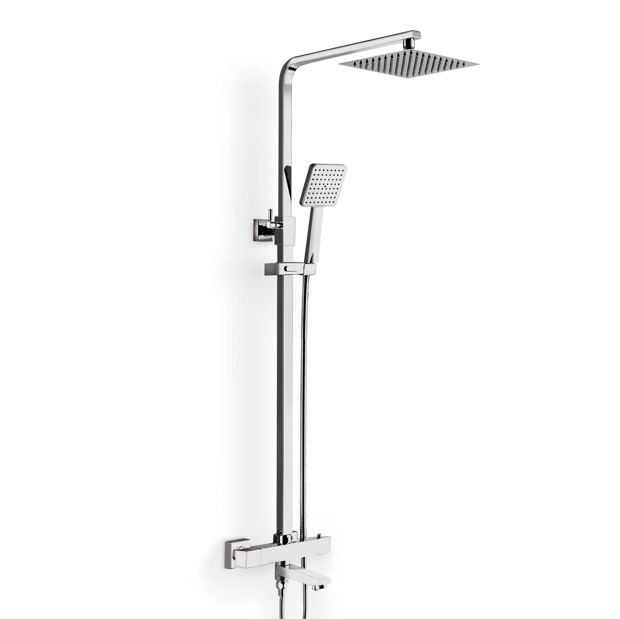 Aquari Edor 3-Way Chrome Thermostatic Shower Set – Twin Square Head, Bath Filler Compatible, Adjustable Riser