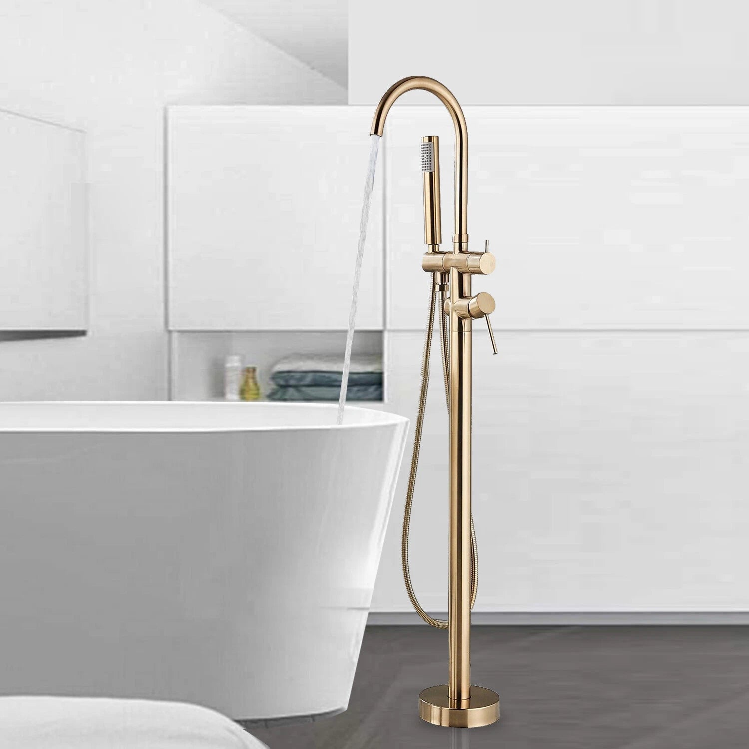 Drexon Brushed Gold Round Freestanding Bath Mixer Tap with Hand Shower – Dual Handle Floor Standing Filler