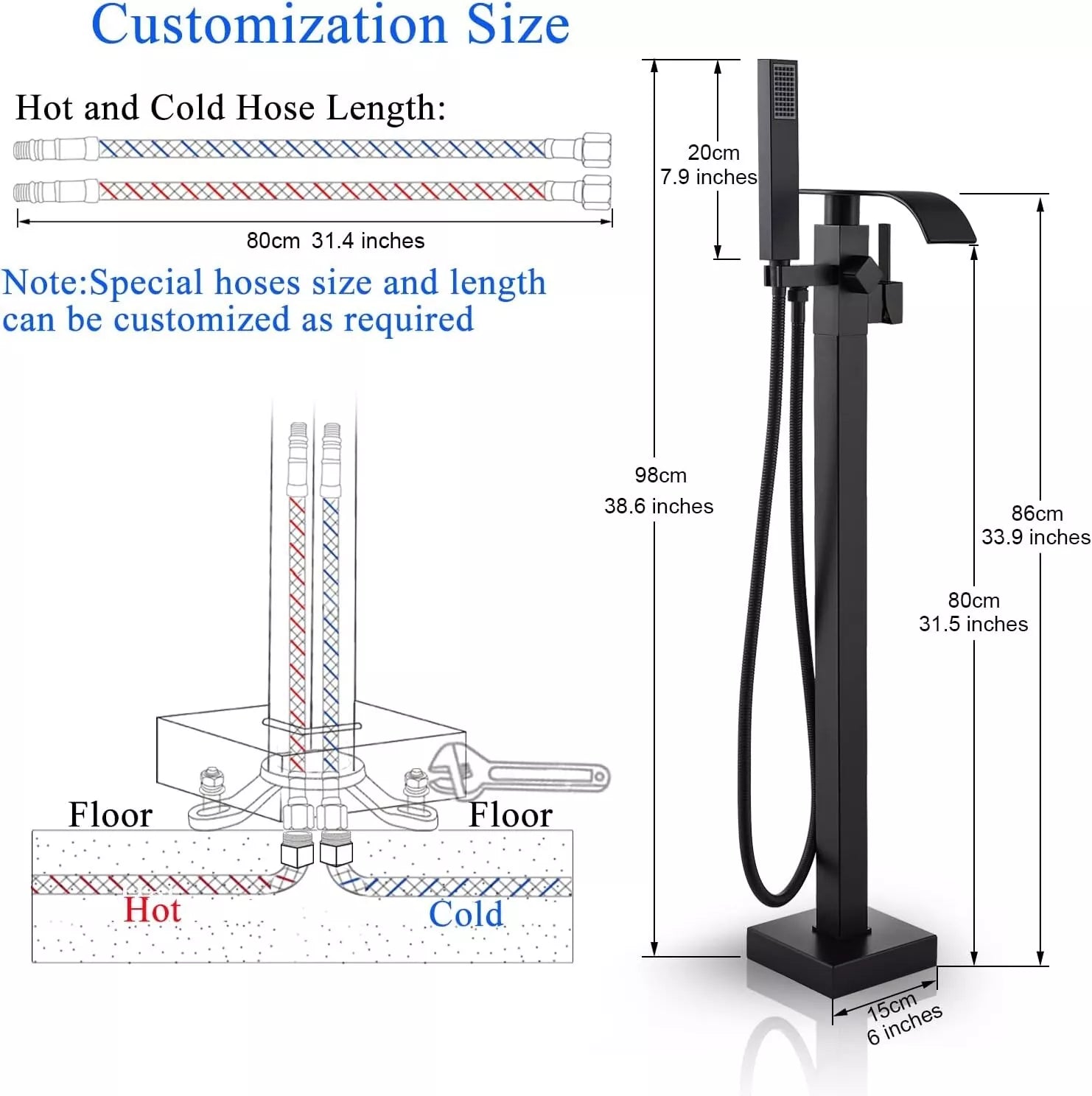 Aquari Matte Black Square Freestanding Bath Mixer Tap with Waterfall Spout & Shower Handset