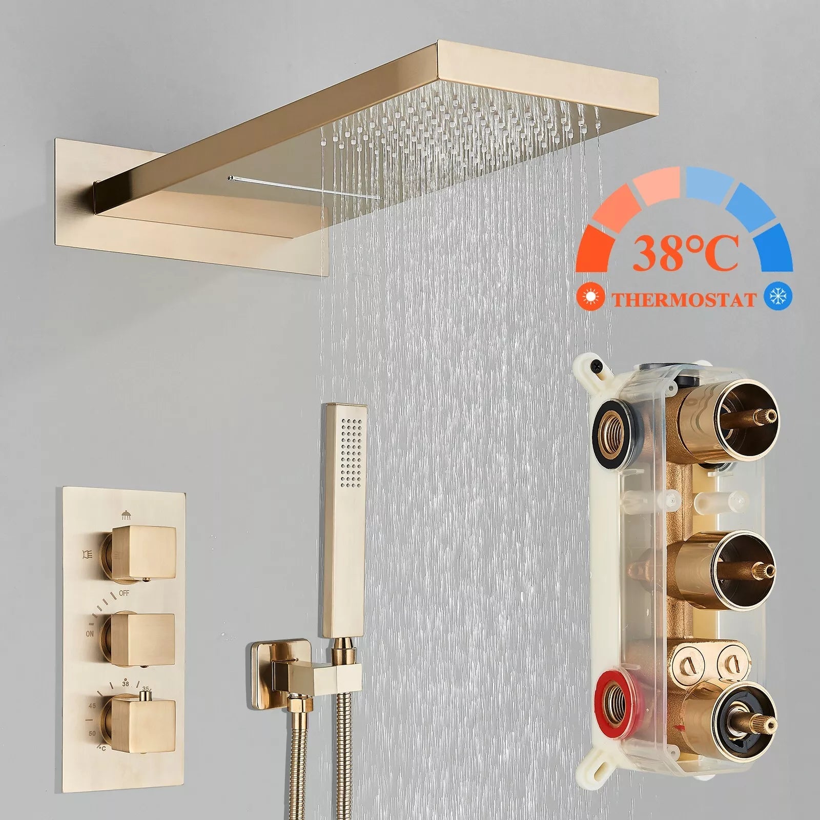 Aquari Brushed Gold Thermostatic Concealed Shower Mixer Set – 3-Way Wall-Mounted Valve with Square Heads