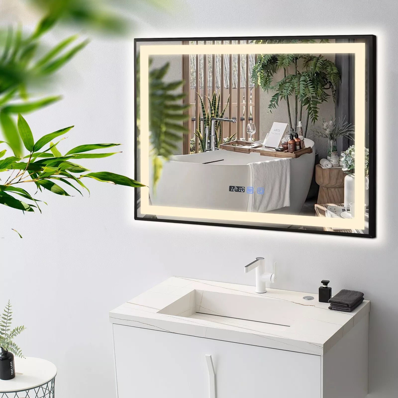 Auralux 800x600mm LED Mirror – Black Frame, Tri-Colour Light, Demister, Dimmable, Time Display, Touch Sensor, IP44 Rated