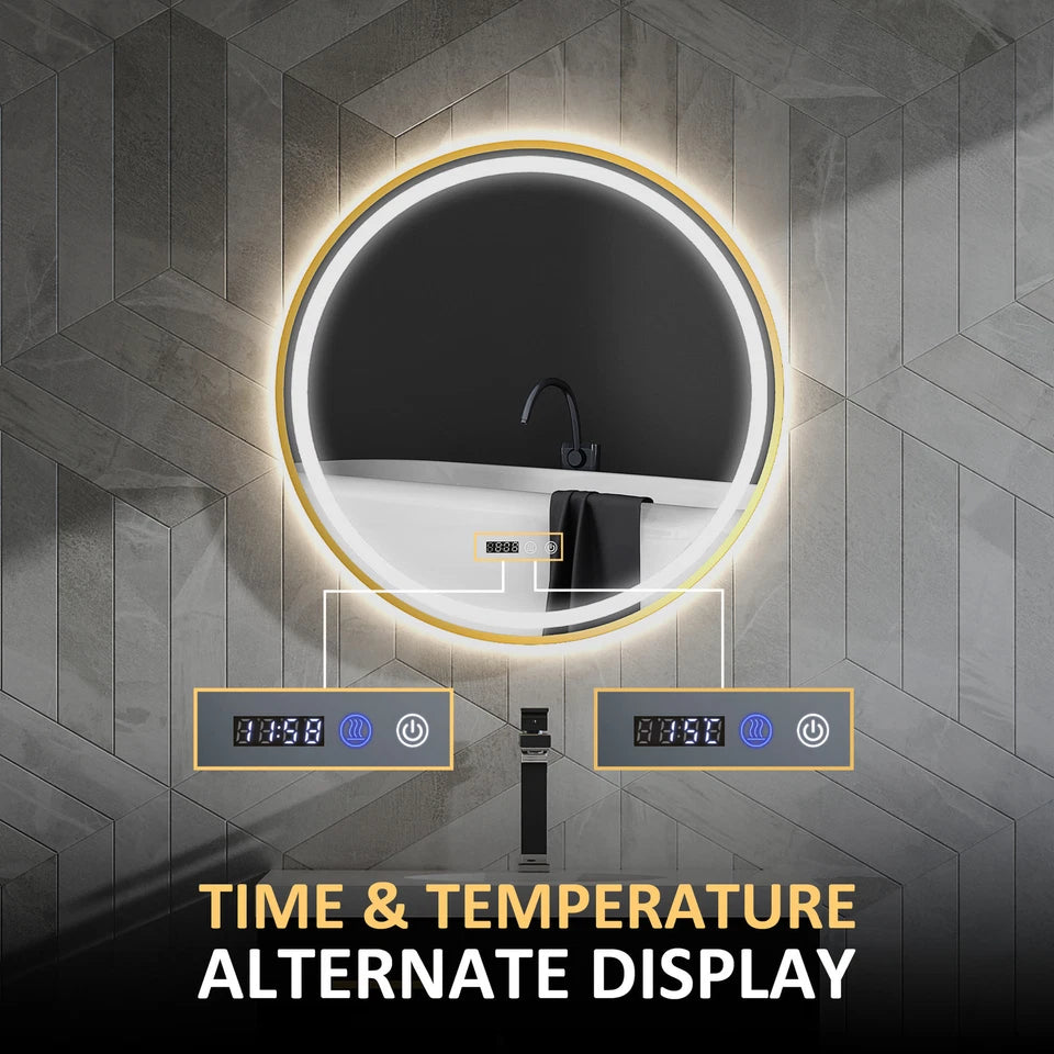 Luxore 800mm Round LED Mirror – Gold Frame, Front & Backlit, Tri-Colour Dimmable Light, Demister, Time & Temp Display, IP44