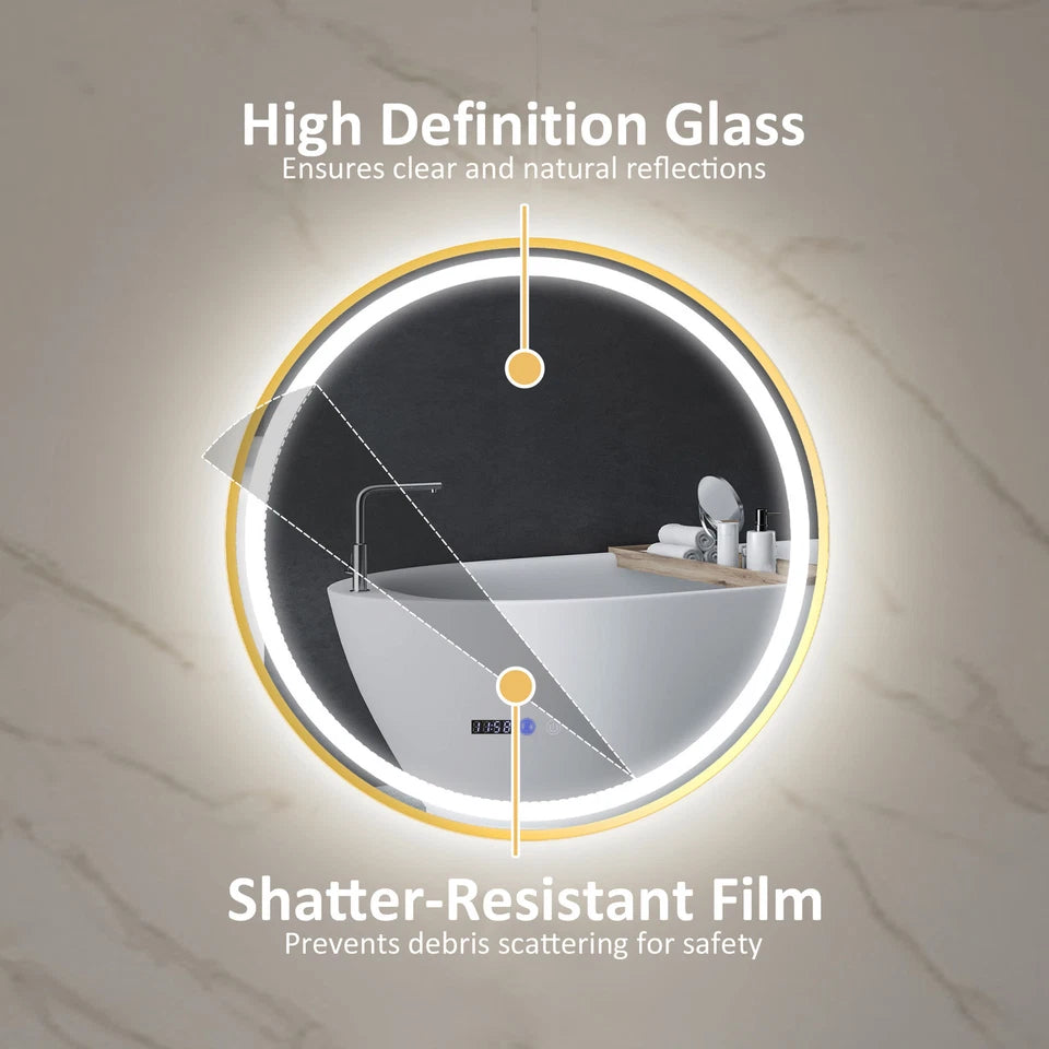 Luxore 800mm Round LED Mirror – Gold Frame, Front & Backlit, Tri-Colour Dimmable Light, Demister, Time & Temp Display, IP44