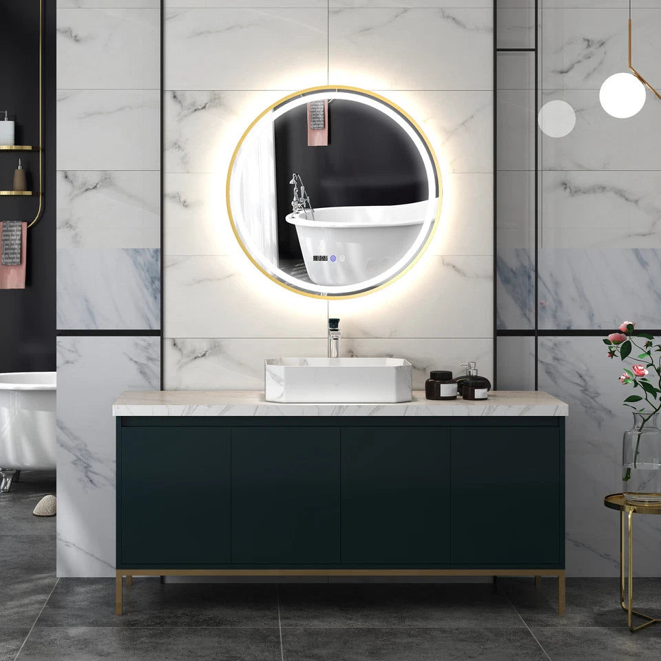Luxore 800mm Round LED Mirror – Gold Frame, Front & Backlit, Tri-Colour Dimmable Light, Demister, Time & Temp Display, IP44