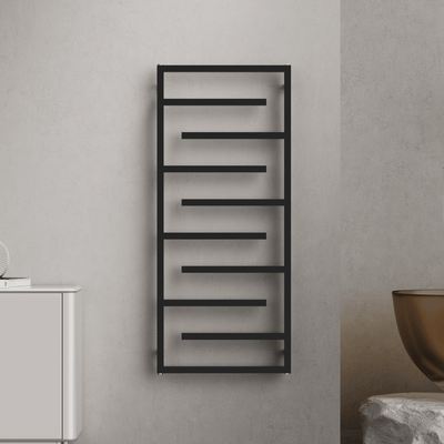 Salerno 1380x600mm Matt Black Heated Towel Rail – Large 10 Bar Ladder Radiator - TILES Paradise