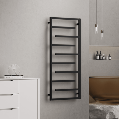 Salerno 1380x600mm Matt Black Heated Towel Rail – Large 10 Bar Ladder Radiator - TILES Paradise