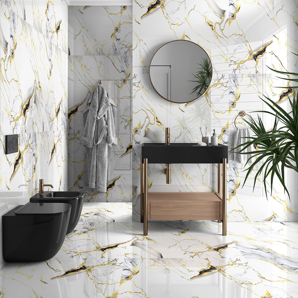 Sky Gold Marble Effect Polished Porcelain 60x120cm Wall and Floor Tile - TILES Paradise