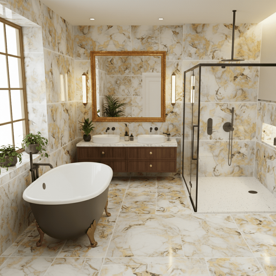 Sky Gold White Marble Effect Polished Porcelain 60x120cm Wall and Floor Tile - TILES Paradise