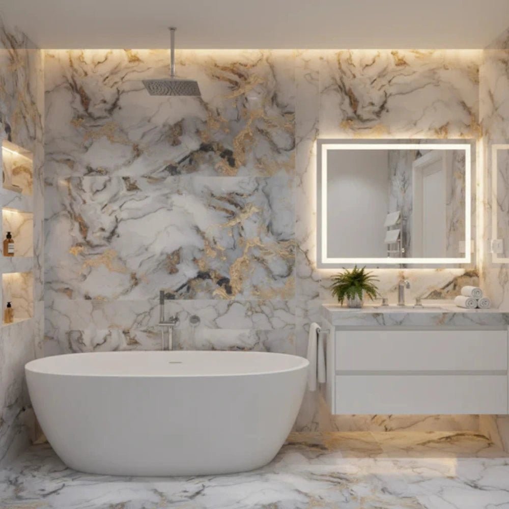 Sky Gold & White Marble Effect Polished Porcelain Tile 60x120cm - TILES Paradise