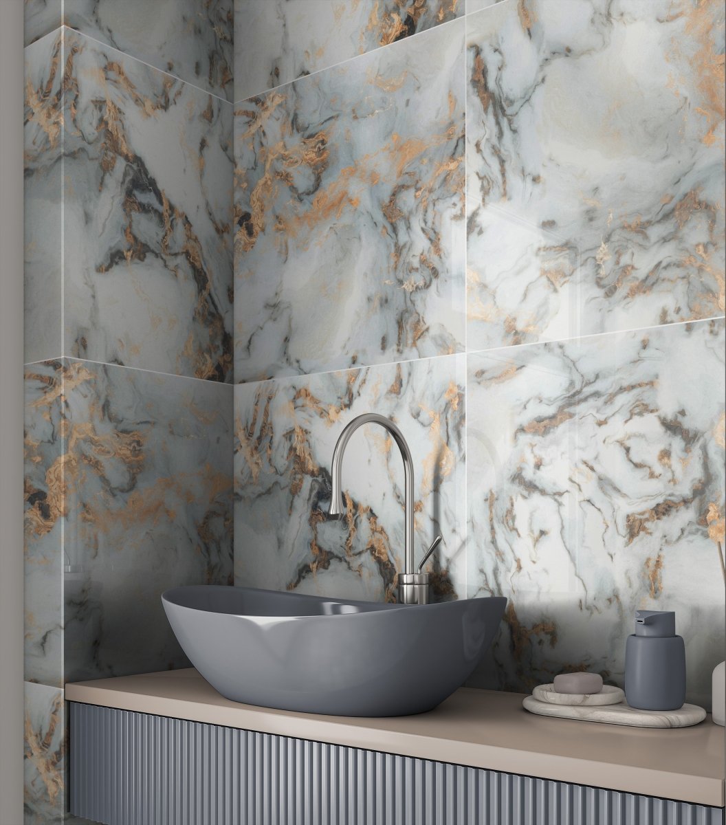Sky White Gold Marble Effect Polished Porcelain 60x60cm Wall and Floor Tile - TILES Paradise