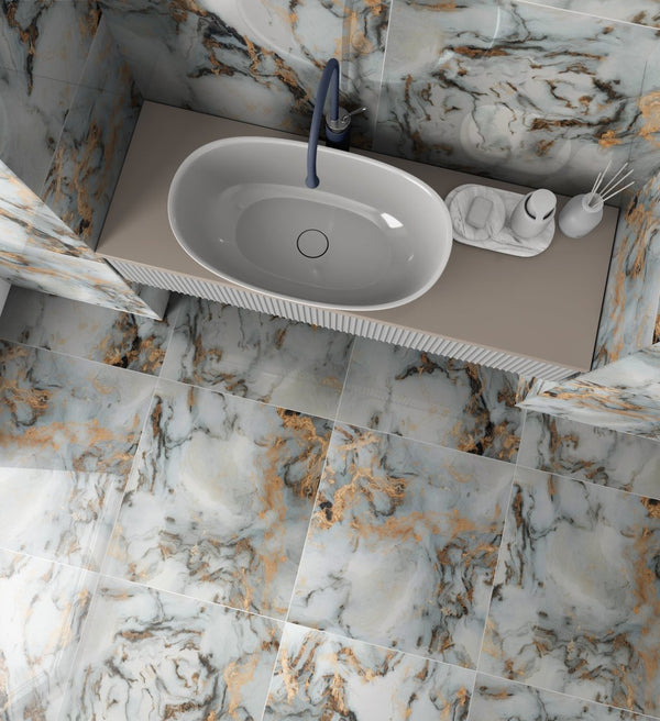 Sky Gold & White Marble Effect Polished Porcelain Tile 60x60cm