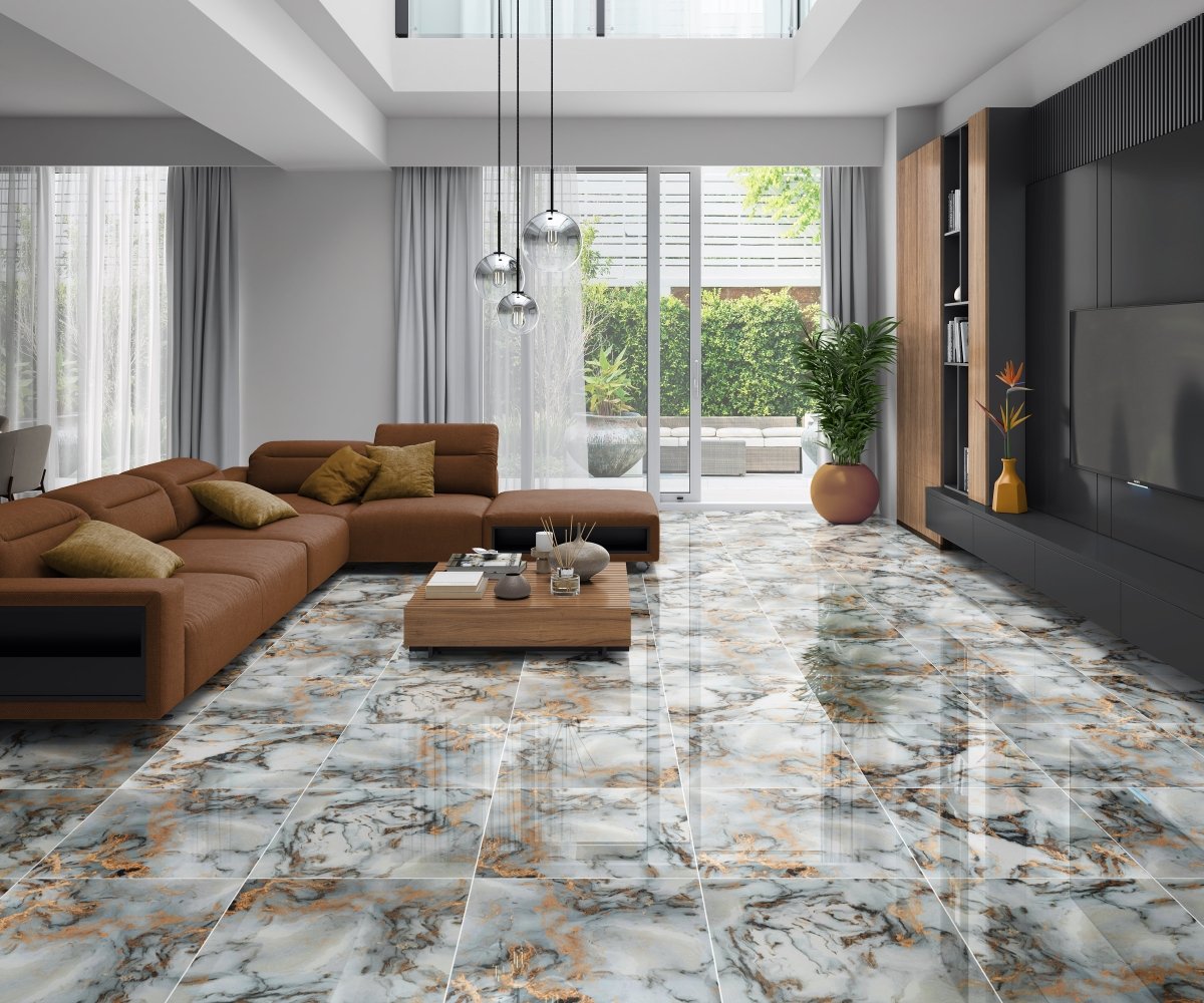 Sky White Gold Marble Effect Polished Porcelain 60x60cm Wall and Floor Tile - TILES Paradise