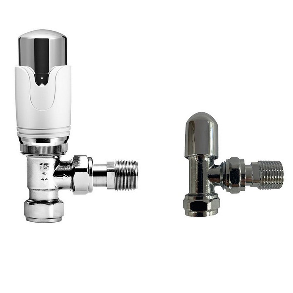 Slimline Thermostatic Radiator Valve (TRV) 15mm – White & Chrome – Angled TRV + Lockshield (Twin Pack)