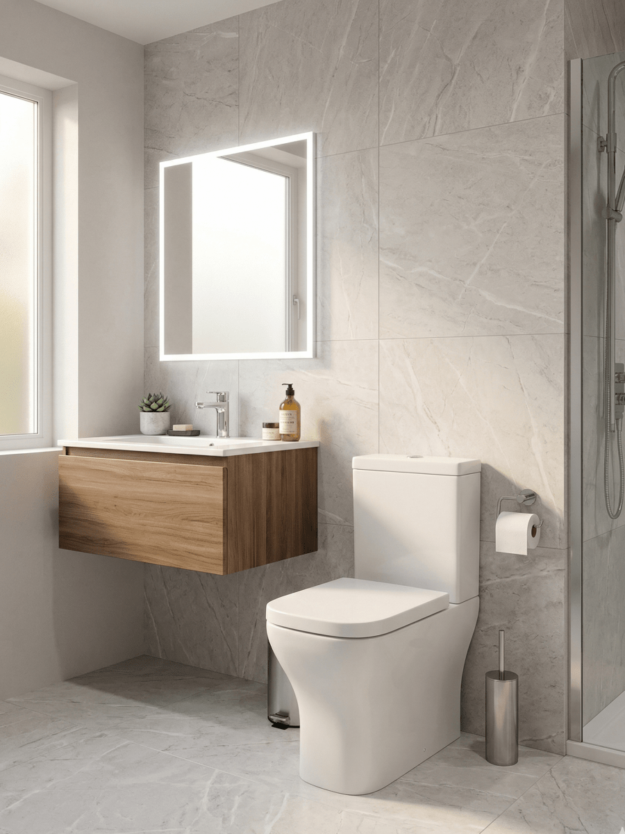 Soft Square Rimless Comfort Height Close Coupled Toilet Open Back with Soft Close Seat – SORENA Range - TILES Paradise