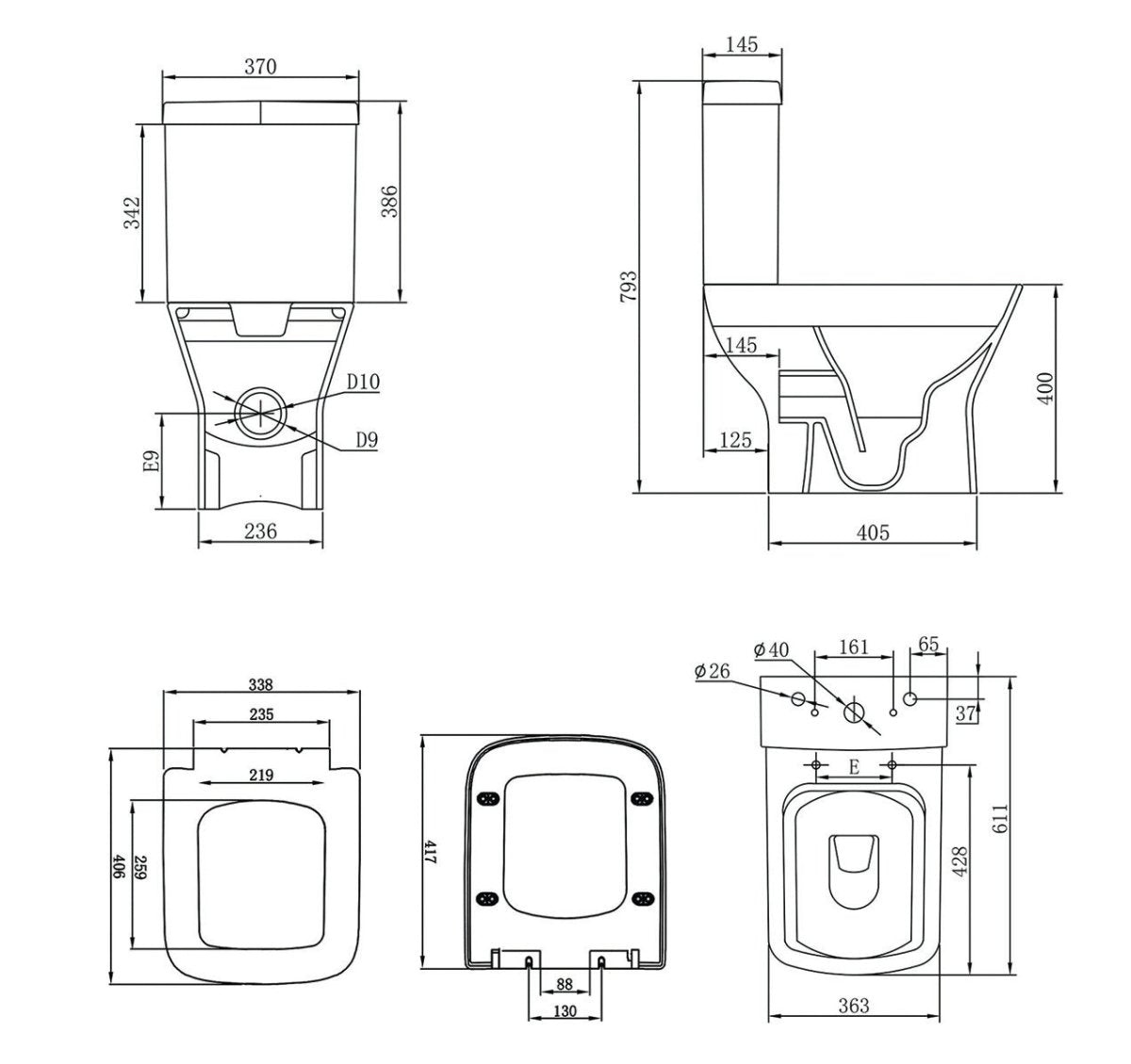 Soft Square Rimless Comfort Height Close Coupled Toilet Open Back with Soft Close Seat – SORENA Range - TILES Paradise