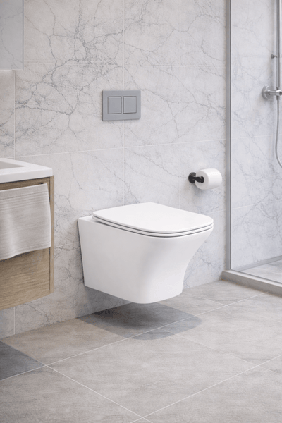 Soft Square Rimless Wall Hung Toilet 605mm Projection with Soft Close Seat – SORENA Range - TILES Paradise