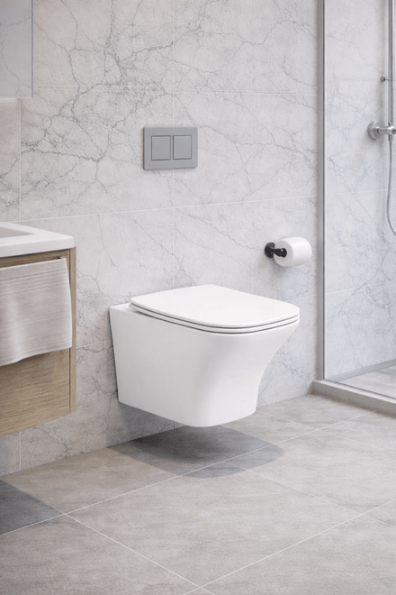 Soft Square Rimless Wall Hung Toilet 605mm Projection with Soft Close Seat – SORENA Range - TILES Paradise