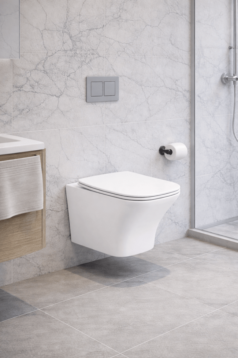 Soft Square Rimless Wall Hung Toilet 605mm Projection with Soft Close Seat – SORENA Range - TILES Paradise