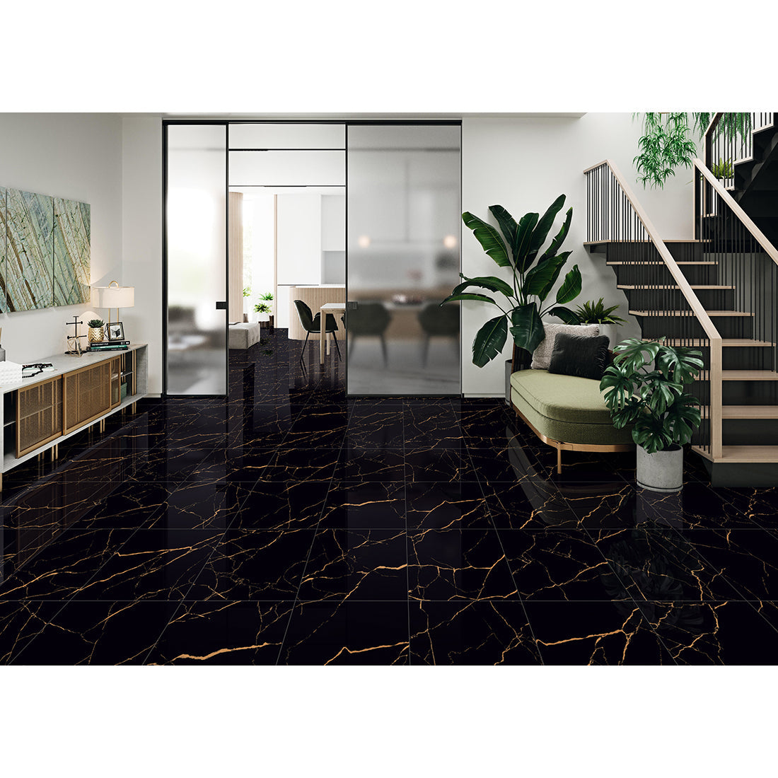 Epitome Black & Gold High Gloss Porcelain 60x60cm Kitchen Bathroom Wall & Floor Tile
