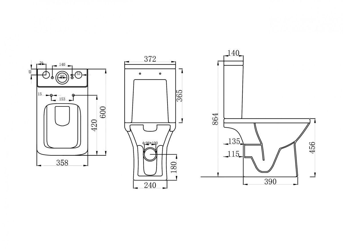 Square Comfort Height Rimless Close Coupled Toilet Open Back with Soft Close Seat – VELARO Range - TILES Paradise