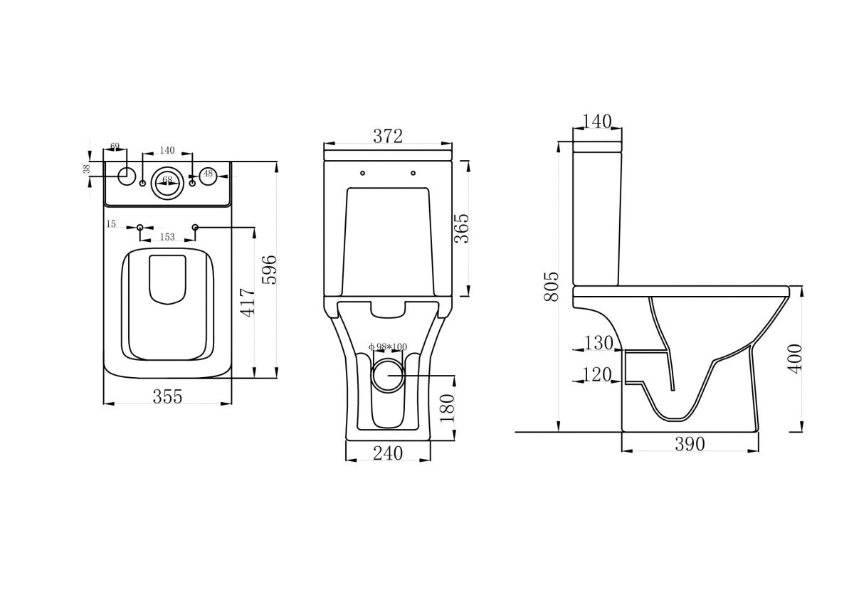 Square Rimless Close Coupled Toilet Open Back with Soft Close Seat – VELARO Range - TILES Paradise