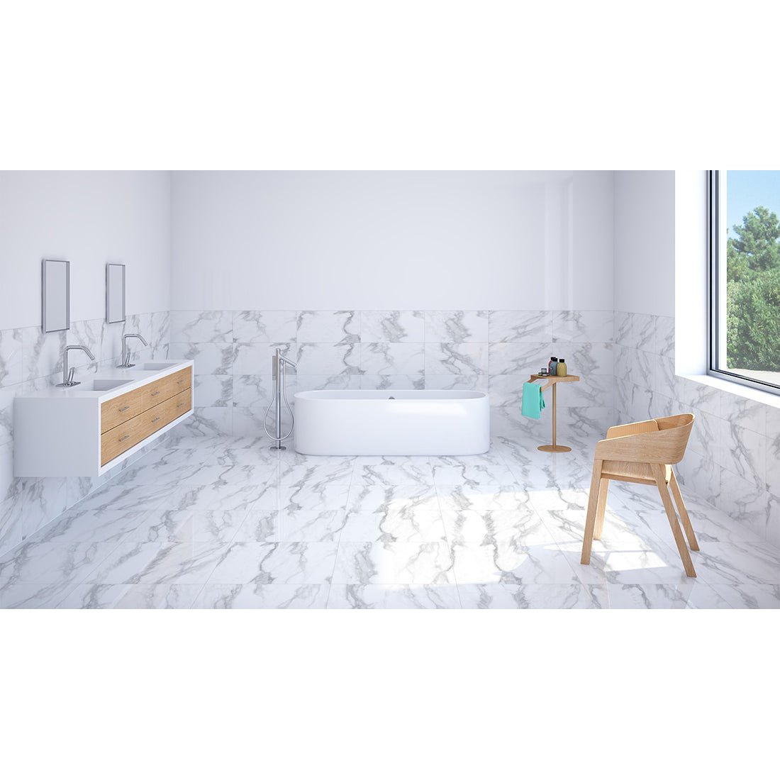 Statuario Carrara White Polished Marble Effect Porcelain 60x60cm Wall and Floor Tile - TILES Paradise