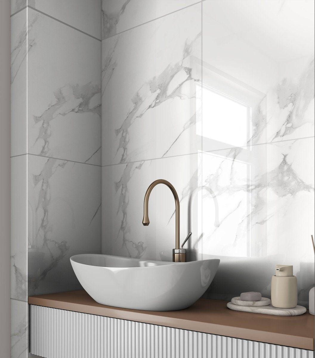 Statuario Clara Grey Polished Marble Effect Porcelain 60x60cm Wall and Floor Tile - TILES Paradise