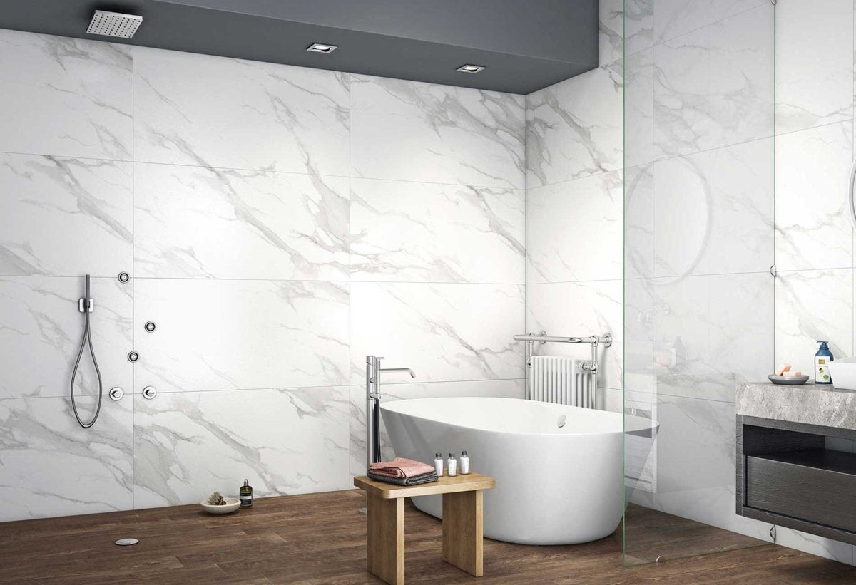 Statuario Mercury Grey Marble Effect Polished 60x120cm Porcelain Wall & Floor Tile - TILES Paradise
