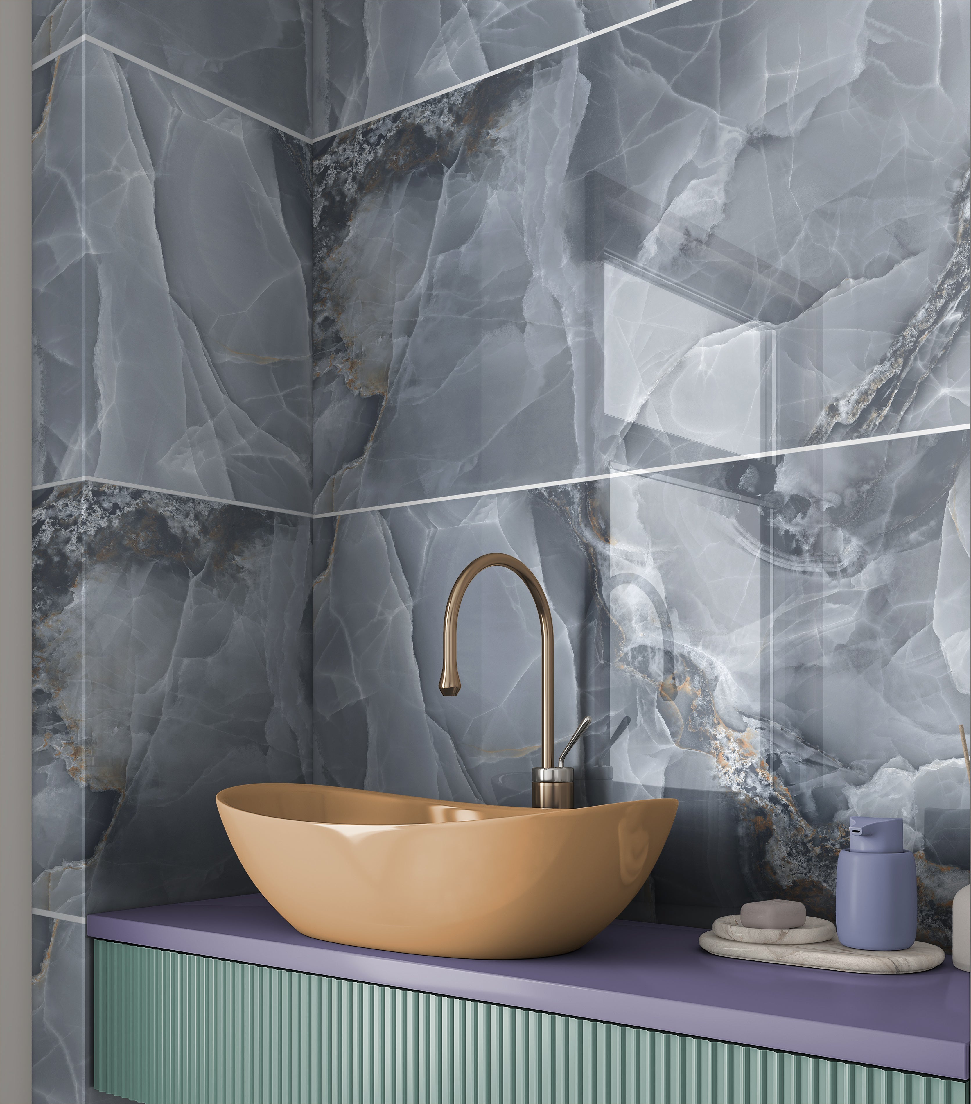 Job Lot : 34 Tiles (25 sq.m) Onyx Blue Marble Effect Polished Porcelain 60x120cm Wall and Floor Tile