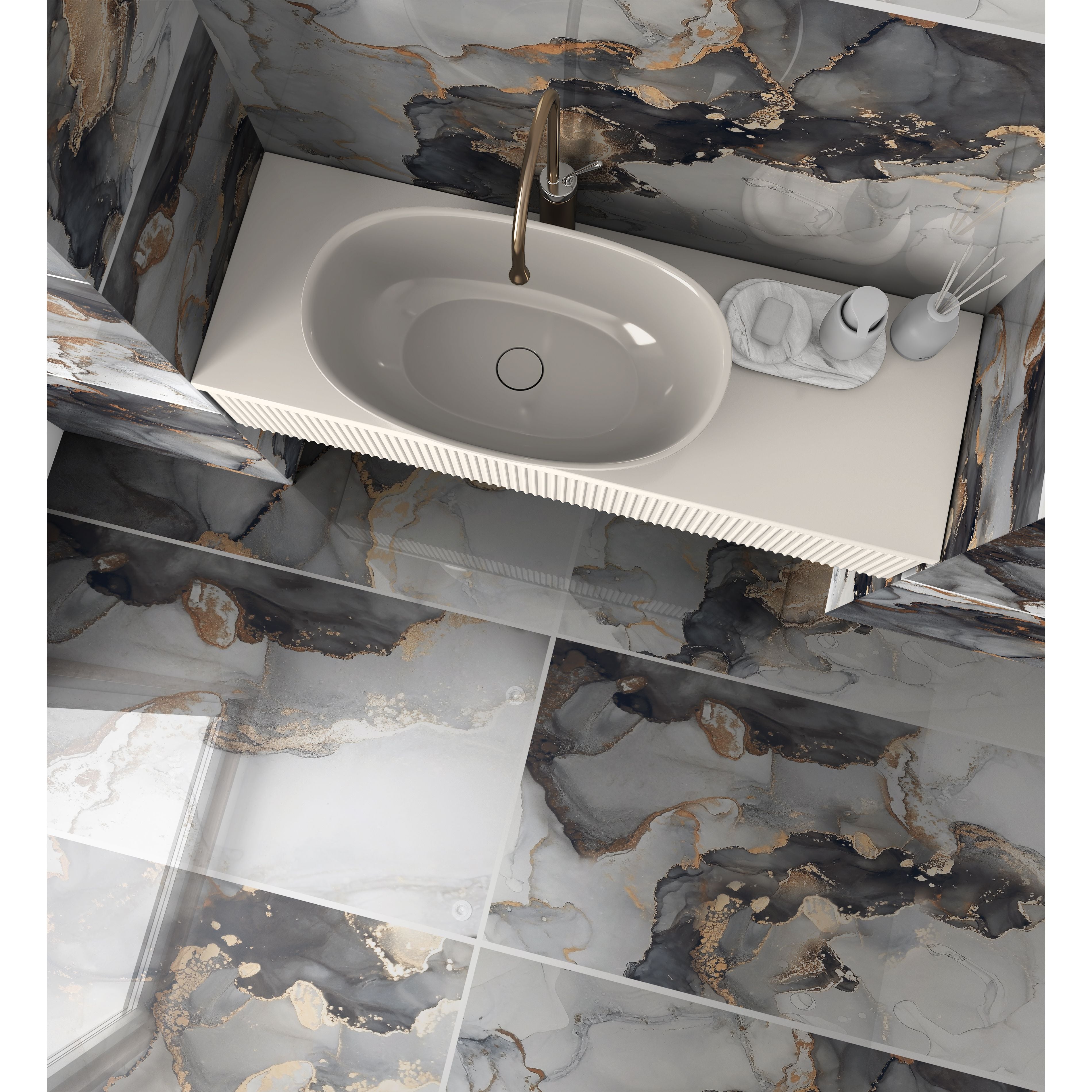 Akasmir Gold High Gloss Porcelain 60x120cm Wall and Floor Tile for Modern Living Room Interior Design.