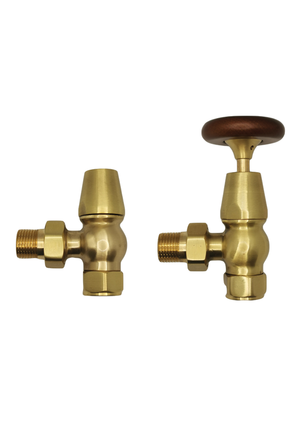 Traditional Angled Radiator Valves with Wood-Effect Heads (Pair) – Brushed Brass