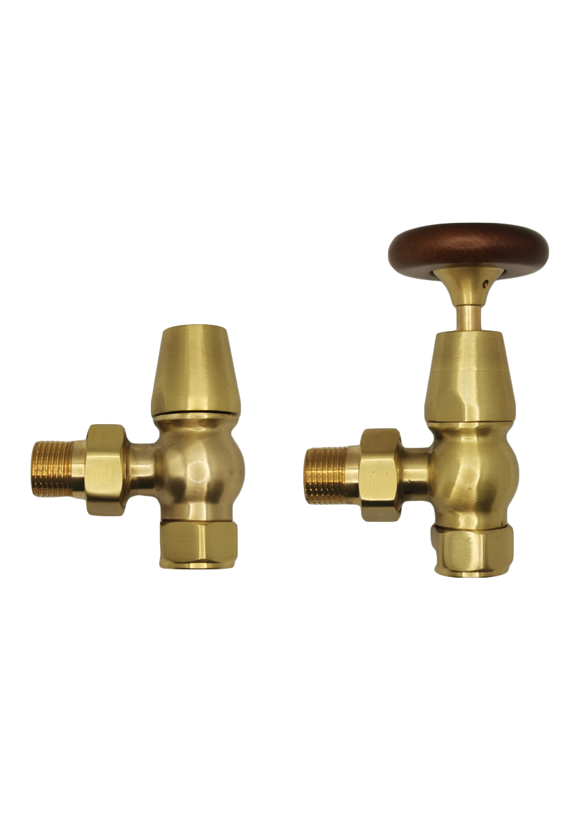 Traditional Angled Radiator Valves with Wood-Effect Heads (Pair) – Brushed Brass
