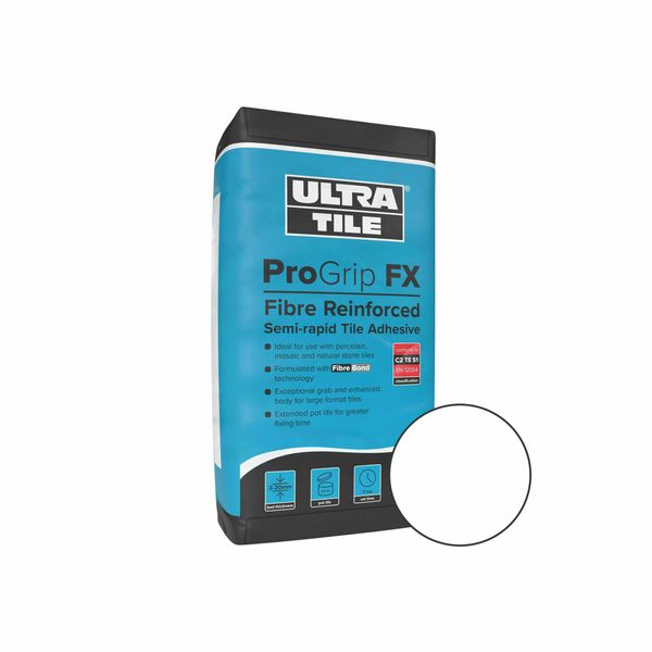 Ultra Tile Fix ProGrip FX Fibre Semi-Rapid Set White Adhesive 20kg