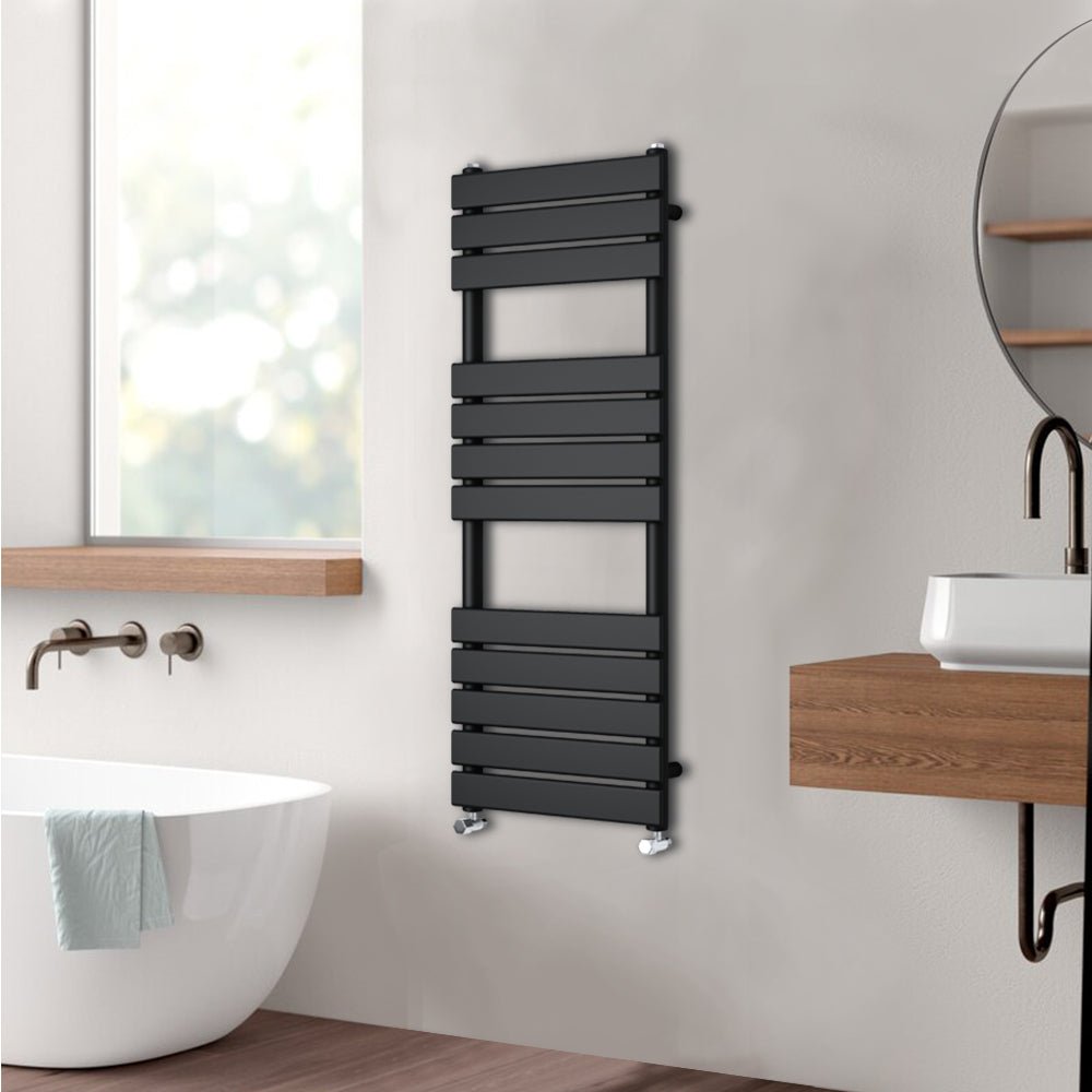 Valeno 1200x600mm Black Heated Towel Rail – Flat Panel, Vertical Mount, Matt Finish - TILES Paradise