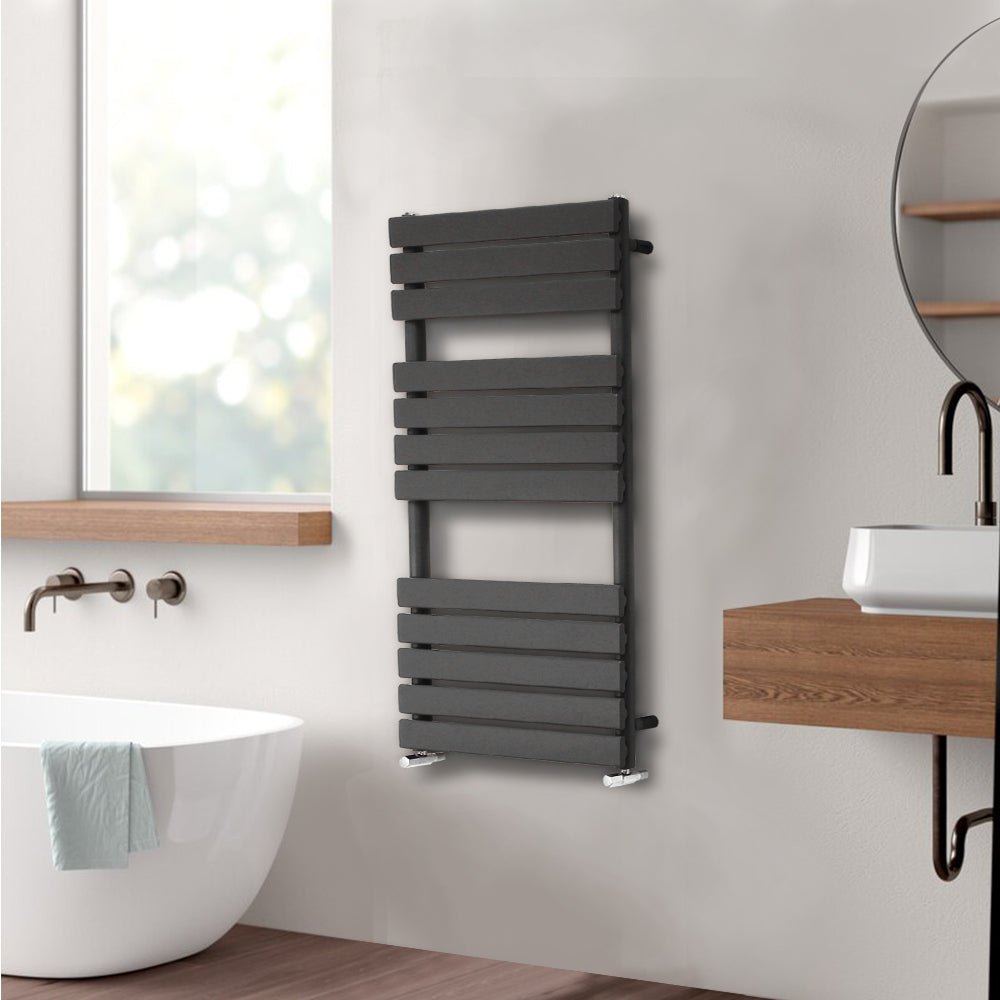 Valeno 1200x600mm Grey Heated Towel Rail – Flat Panel, Vertical Mount, Matt Finish - TILES Paradise