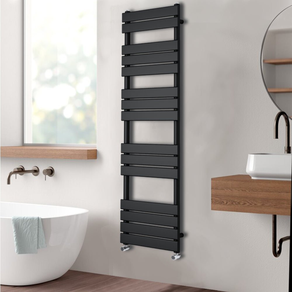 Valeno 1600x600mm Black Heated Towel Rail – Flat Panel, Vertical Mount, Matt Finish - TILES Paradise