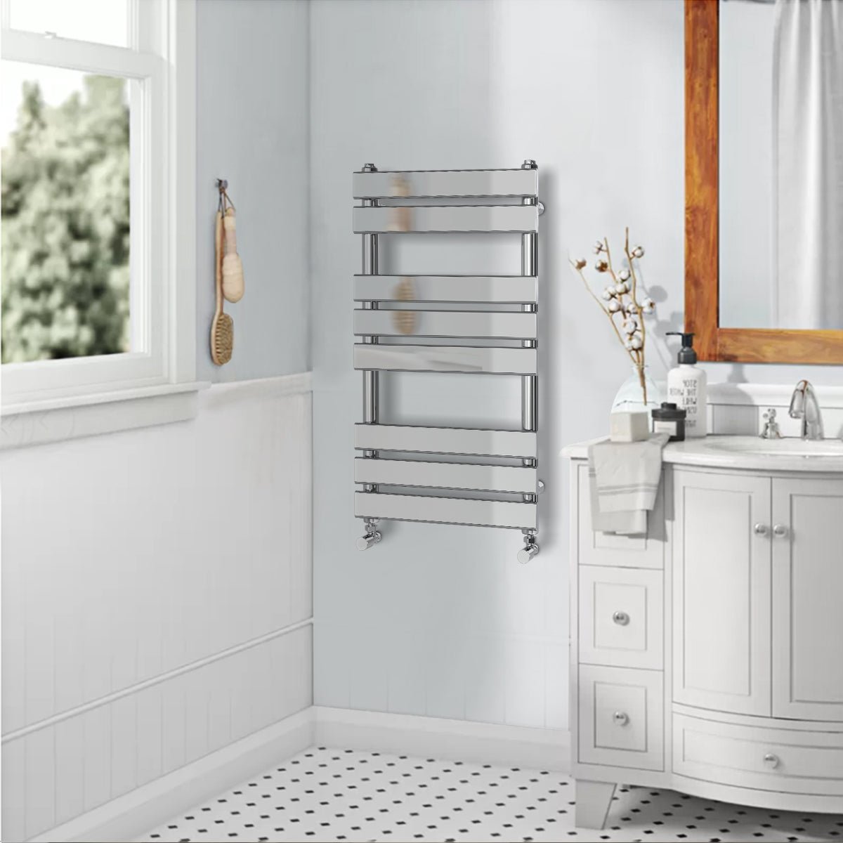 Valeno 800x450mm Chrome Heated Towel Rail – Flat Panel, Vertical Mount, Polished Finish - TILES Paradise