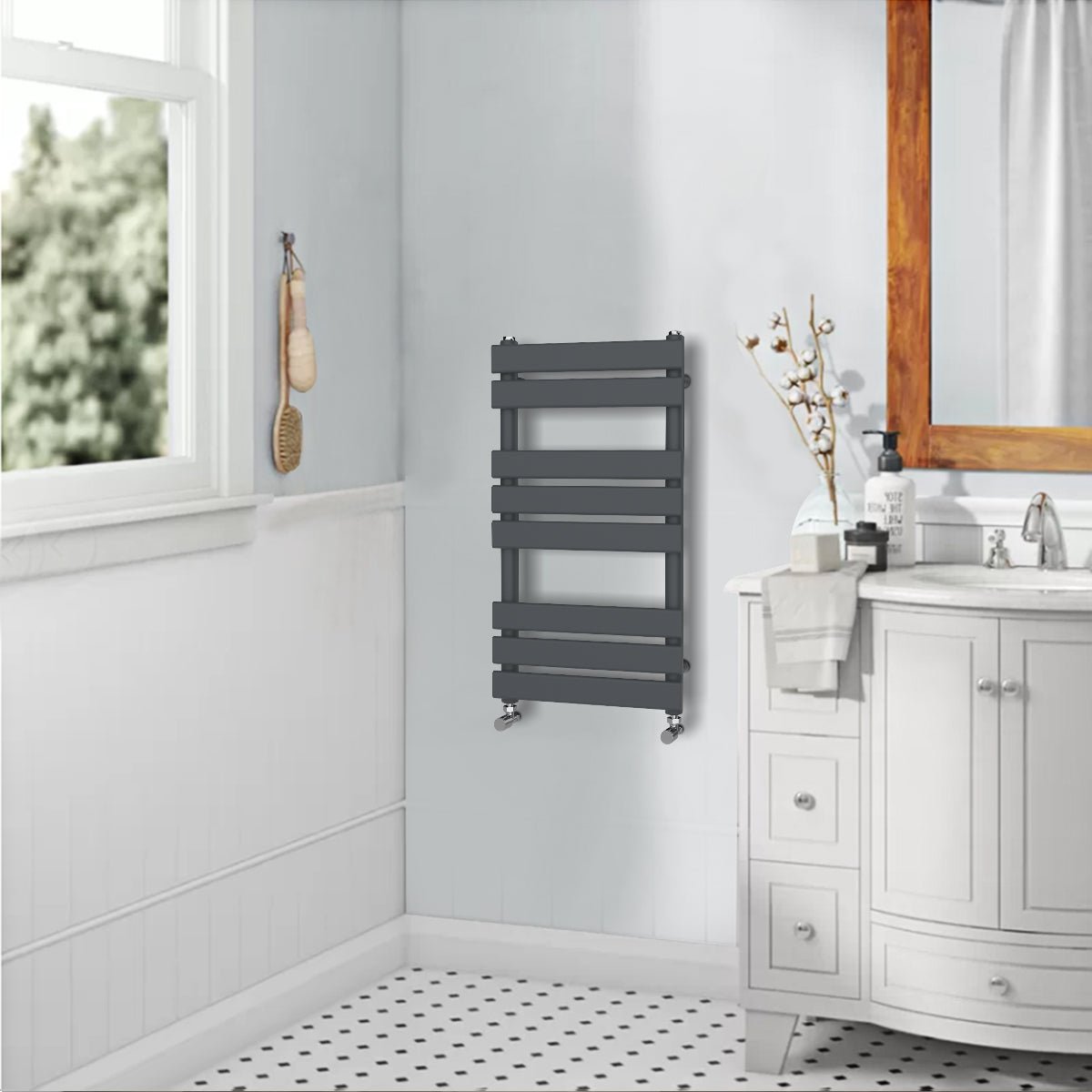 Valeno 800x600mm Grey Heated Towel Rail – Flat Panel, Vertical Mount, Matt Finish - TILES Paradise