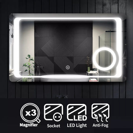 Velora 1000x600mm LED Mirror with Magnifying Mirror – Cold White Light, Shaver Socket, Touch Sensor (Horizontal, Mains Powered) - TILES Paradise