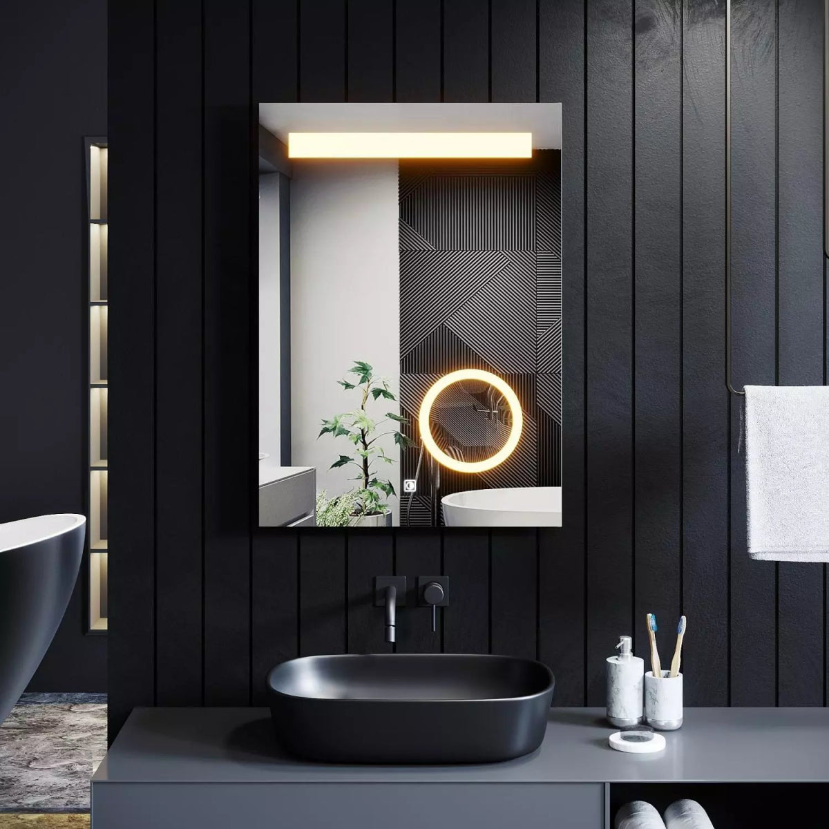 Velora 500x700mm LED Mirror with Magnifying Mirror – Tri - Colour Light, Dimmable, Shaver Socket, Touch Sensor - TILES Paradise