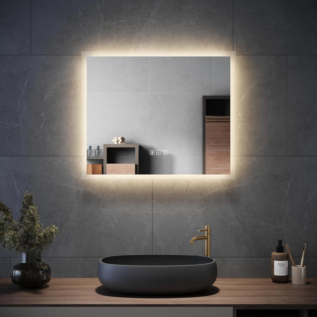 Velora 600x500mm LED Mirror with Bluetooth Speakers – Tri - Colour Light, Dimmable, Shaver Socket, Touch Sensor (Horizontal) - TILES Paradise