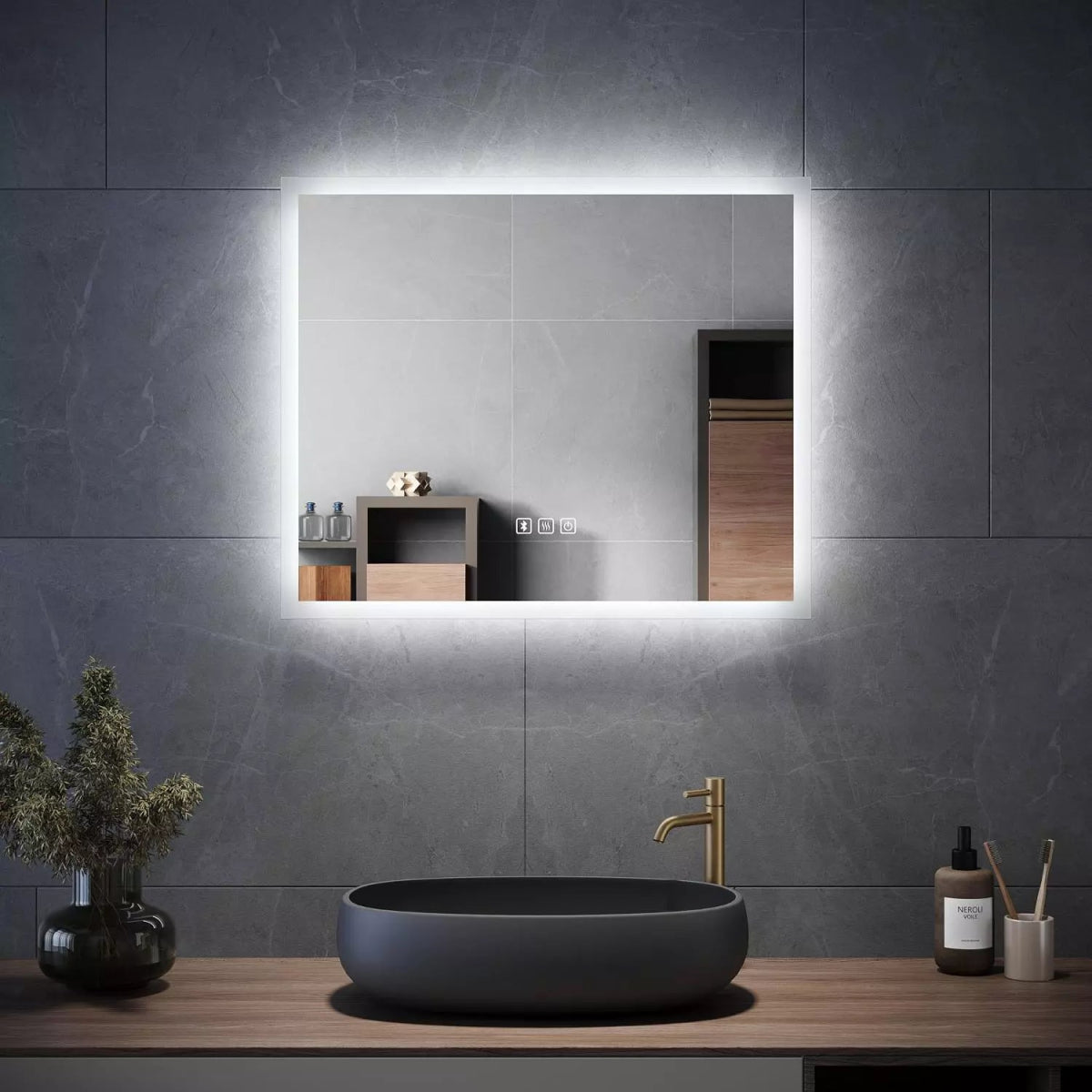 Velora 600x500mm LED Mirror with Bluetooth Speakers – Tri - Colour Light, Dimmable, Shaver Socket, Touch Sensor (Horizontal) - TILES Paradise
