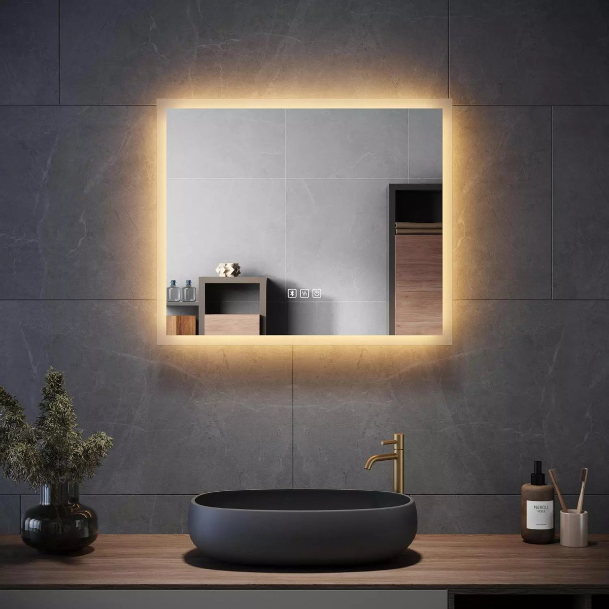Velora 600x500mm LED Mirror with Bluetooth Speakers – Tri - Colour Light, Dimmable, Shaver Socket, Touch Sensor (Horizontal) - TILES Paradise