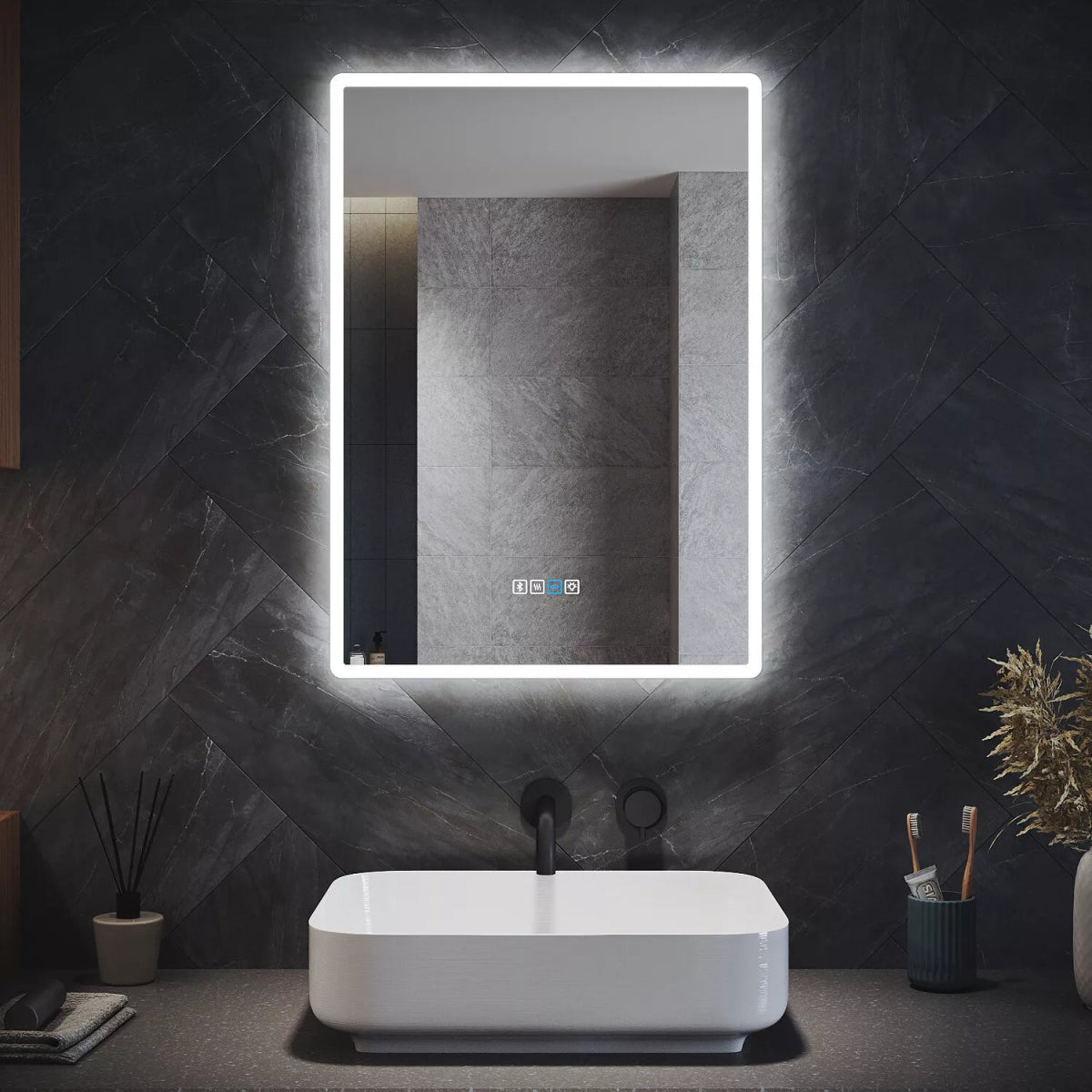 Velora ChillGlow 500x700mm LED Mirror – Cold White & Blue Light, Bluetooth Speakers, Shaver Socket, Touch Sensor, Mains Powered - TILES Paradise
