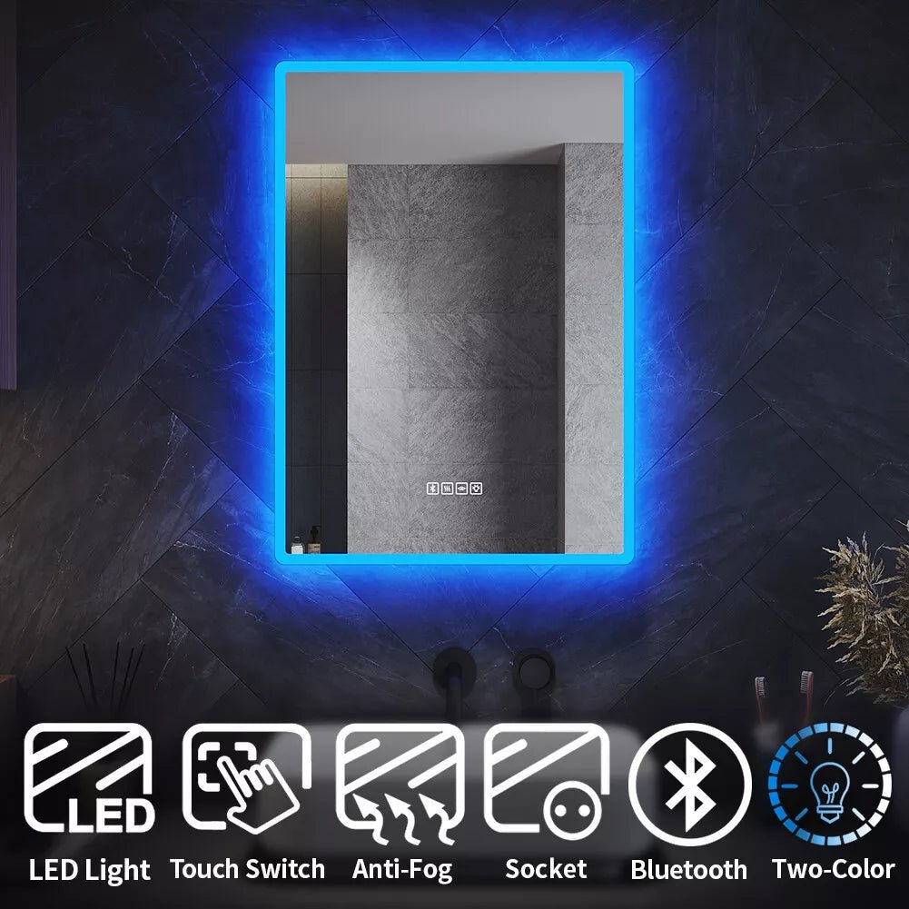 Velora ChillGlow 500x700mm LED Mirror – Cold White & Blue Light, Bluetooth Speakers, Shaver Socket, Touch Sensor, Mains Powered - TILES Paradise
