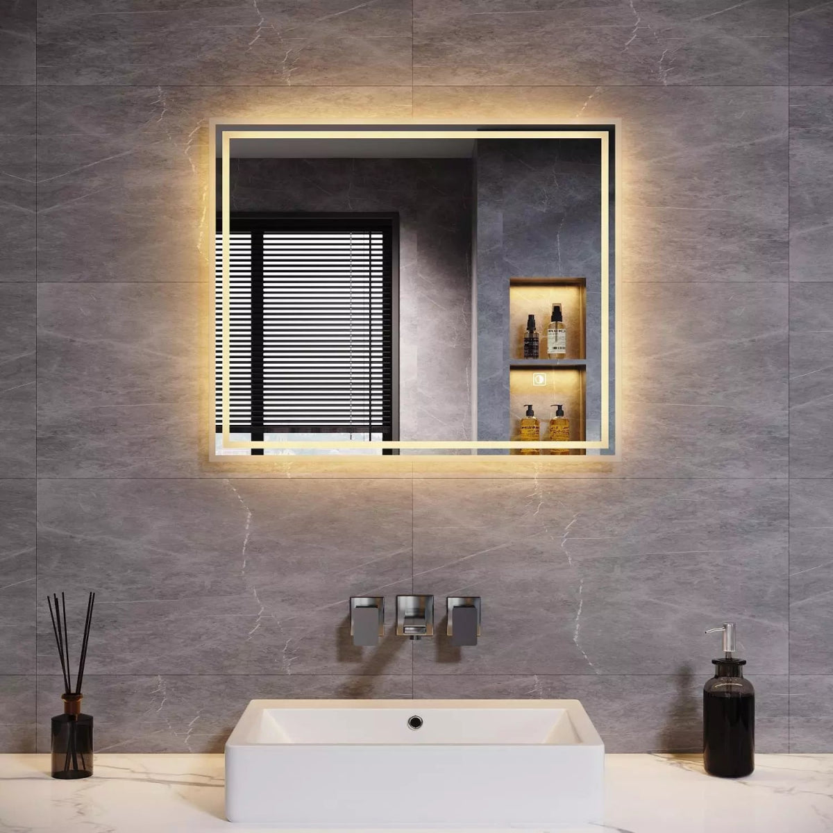 Velora Edge Glow LED Mirror – 600x500 / 900x700 / 1000x600mm, Tri - Colour Dimmable Light, Touch Sensor, Mains Powered - TILES Paradise