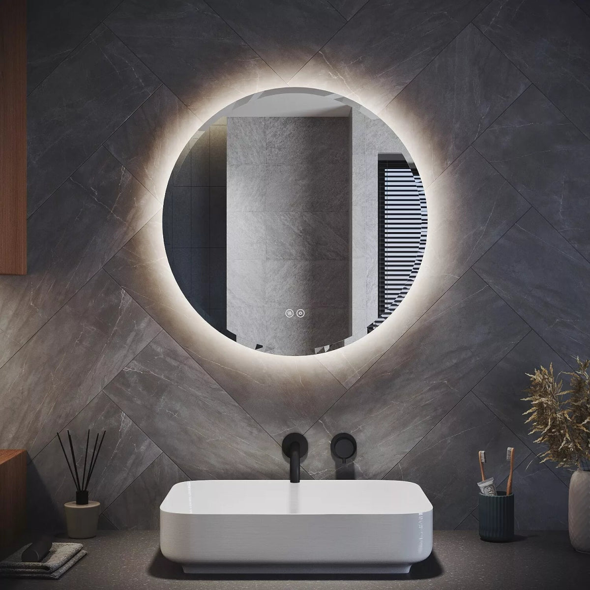 Velora GlowLite 600x600mm LED Mirror – Tri - Colour Dimmable Light, Touch Sensor, Demister, Mains Powered, No Shaver Socket - TILES Paradise