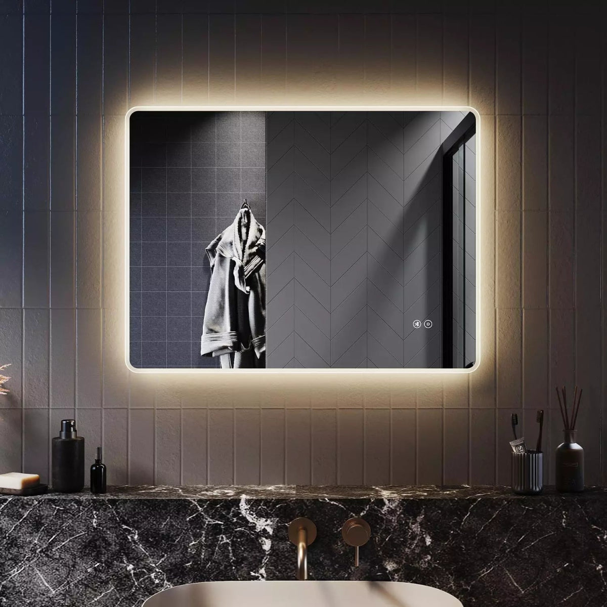 Velora HarmonyTone 800x600mm LED Mirror – Tri - Colour Light, Bluetooth Speakers, Shaver Socket, Touch Sensor, Vertical or Horizontal - TILES Paradise