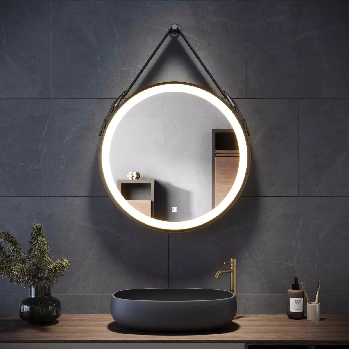 Velora Round 600mm LED Mirror with Black Leather Strap – Tri - Colour Light, Dimmable, Touch Sensor, Memory Function - TILES Paradise